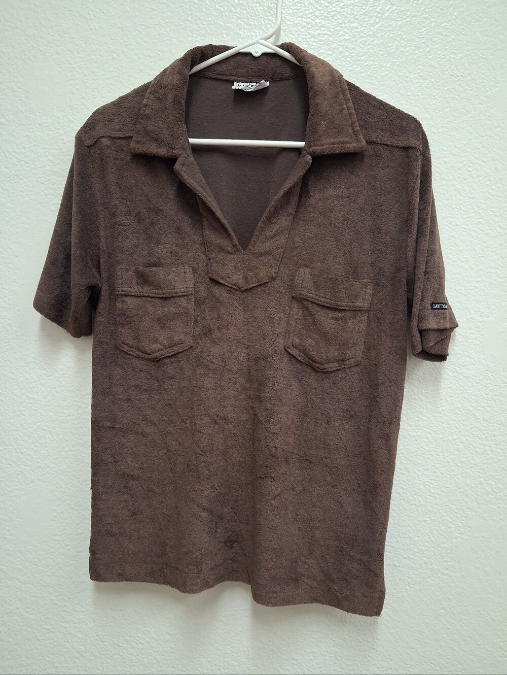 Left Bank Terry Cloth Polo Shirt Men's Large Brown V-Neck Two Pocket Vintage 70s